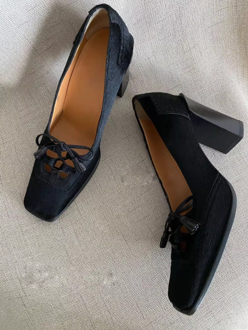 Retro Square-Toe Bow Strap Heels
