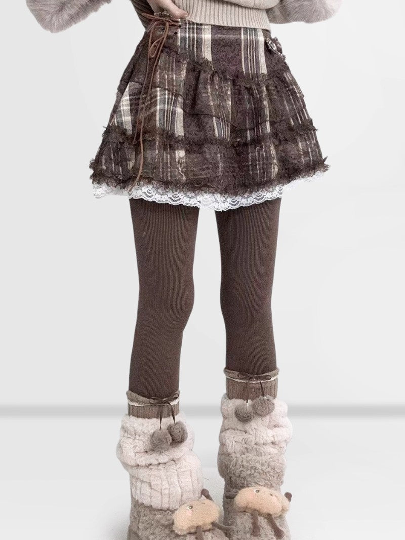 Brown Plaid Lace Mini Skirt