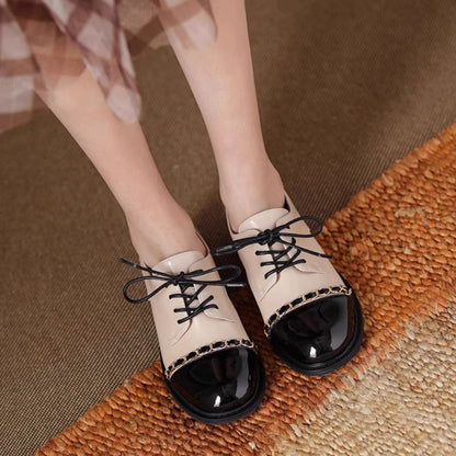 Color-Block Round Toe Leather Heels