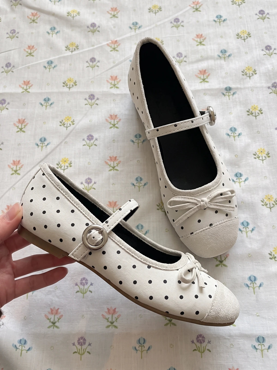 Zeline Polka Dot Suede Mary Jane Flats