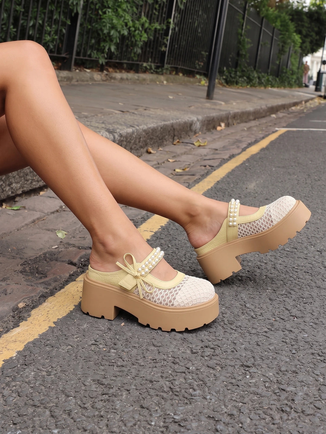Mirellane Crochet Pearl Platform Mules