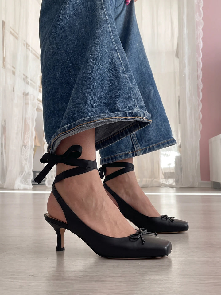 Black Ribbon Bow Sandals