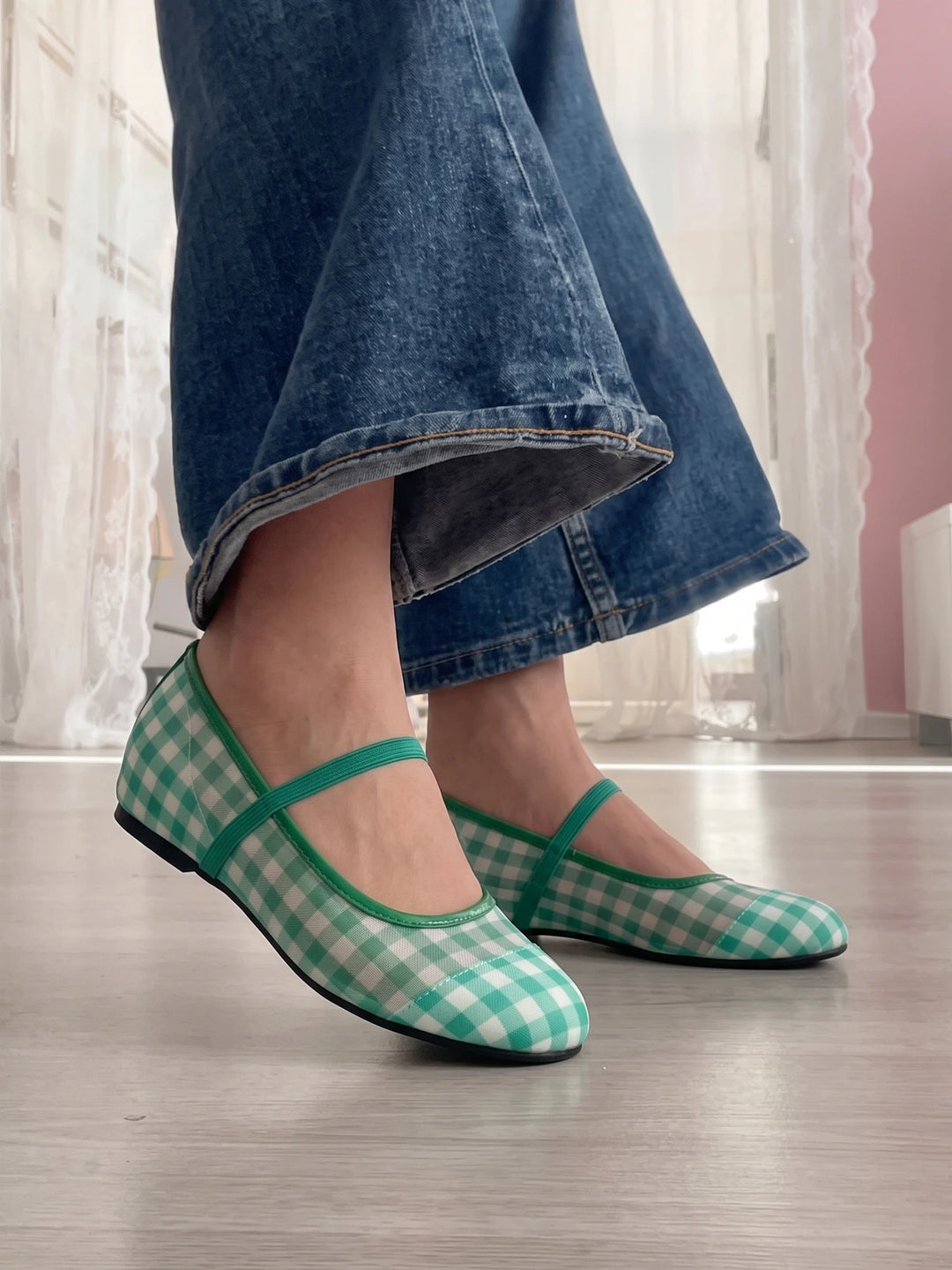 Veronique Gingham Mesh Mary Jane Flats