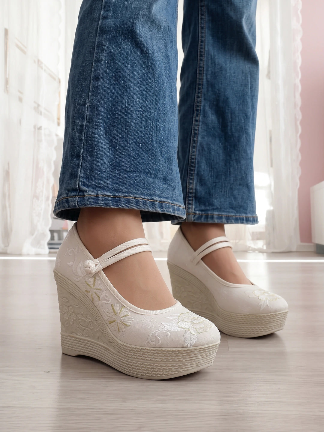 Zelie Embroidered Wedge Mary Janes