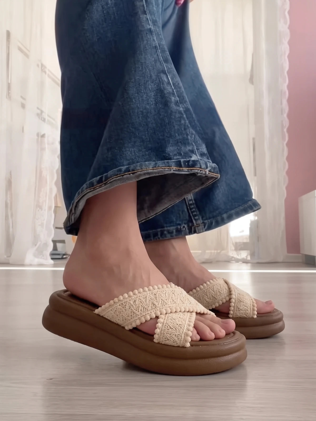 Madelina Knitted Pom-Pom Platform Slides