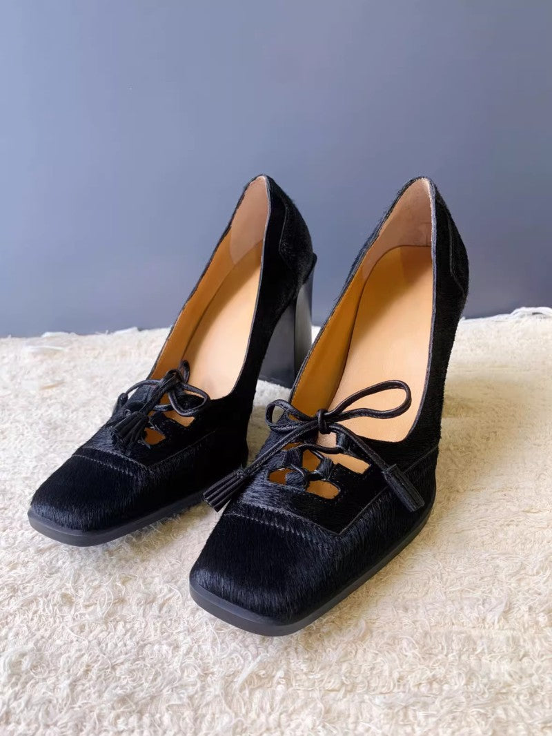 Retro Square-Toe Bow Strap Heels