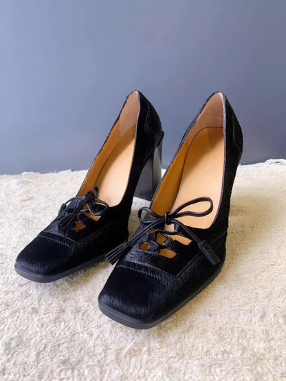 Retro Square-Toe Bow Strap Heels
