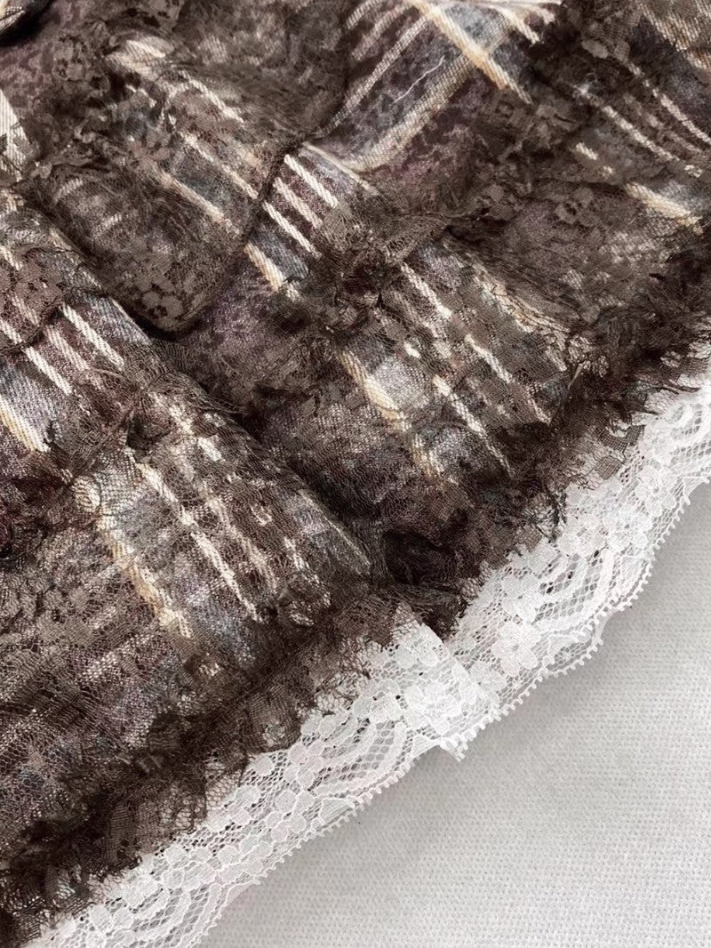 Plaid Patchwork Lace Woolen Mini Skirt