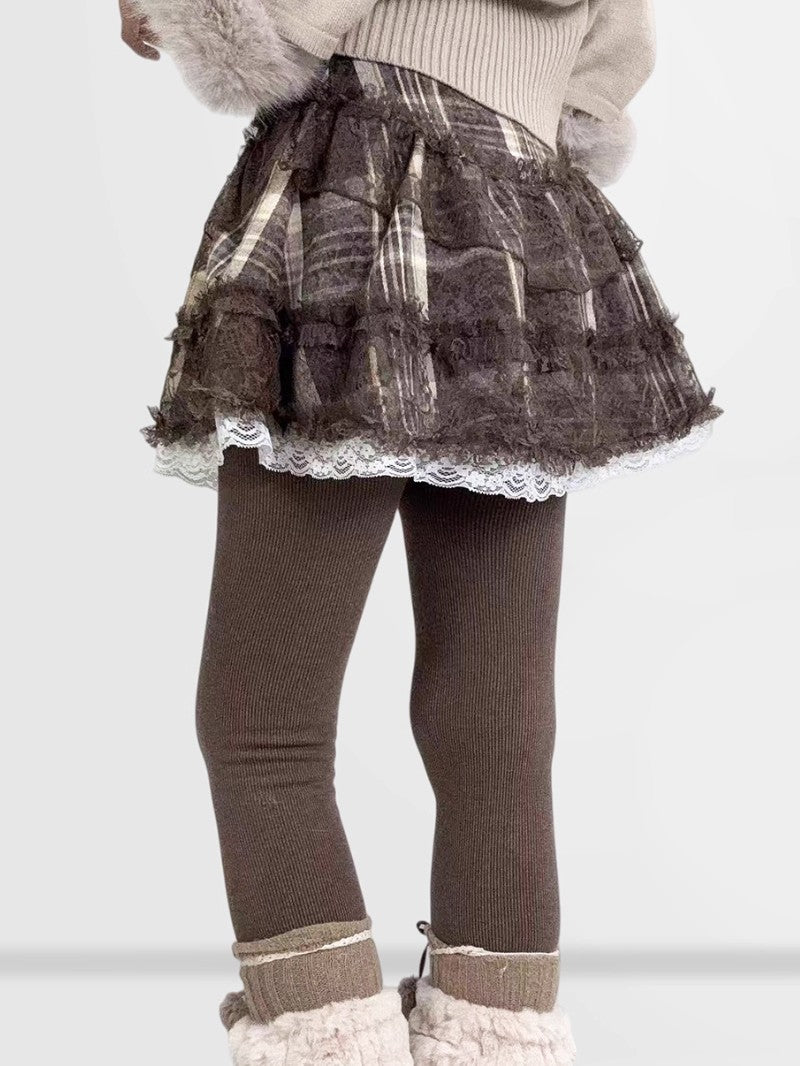 Brown Plaid Lace Mini Skirt