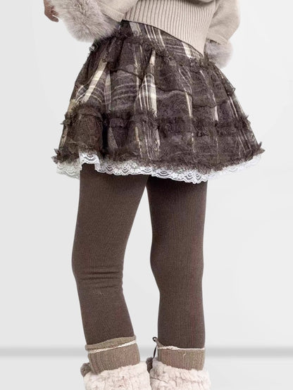 Brown Plaid Lace Mini Skirt
