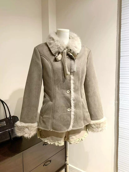 Plush Bow Trim Winter Coat