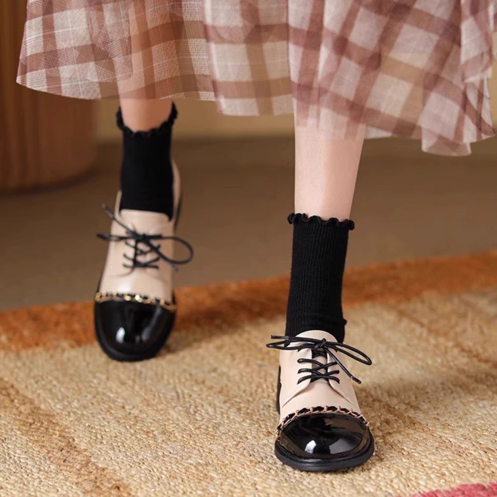 Color-Block Round Toe Leather Heels