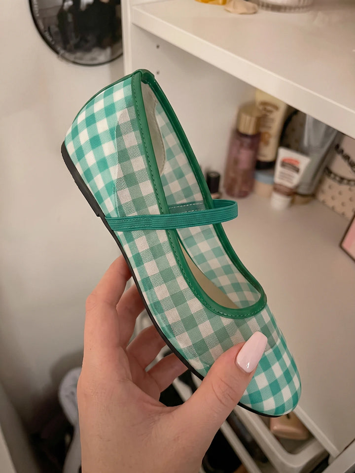 Veronique Gingham Mesh Mary Jane Flats