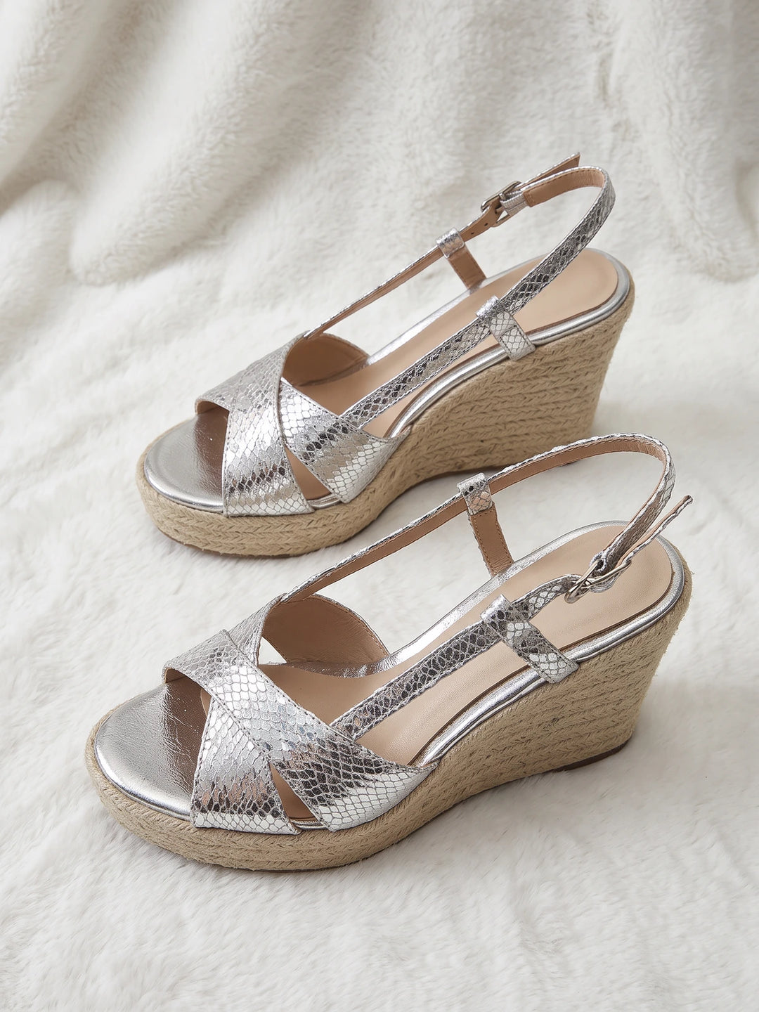 Ghislaine Silver Snakeskin Espadrille Wedges