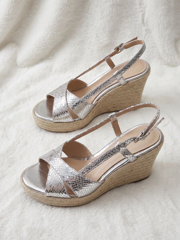 Ghislaine Silver Snakeskin Espadrille Wedges