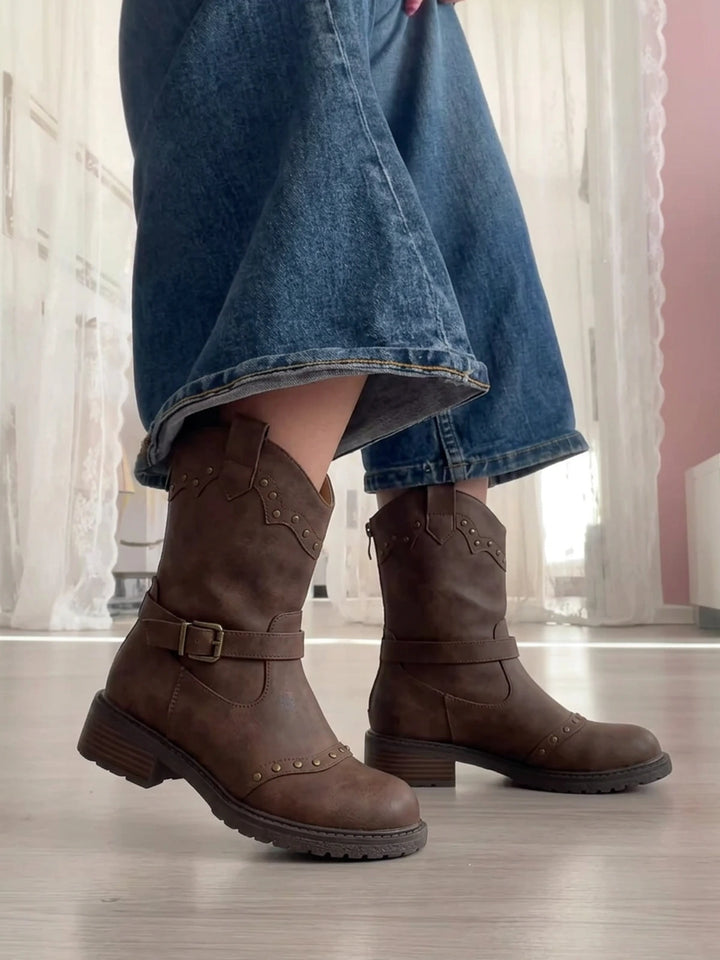 Zibellion Studded Western Ankle Boots
