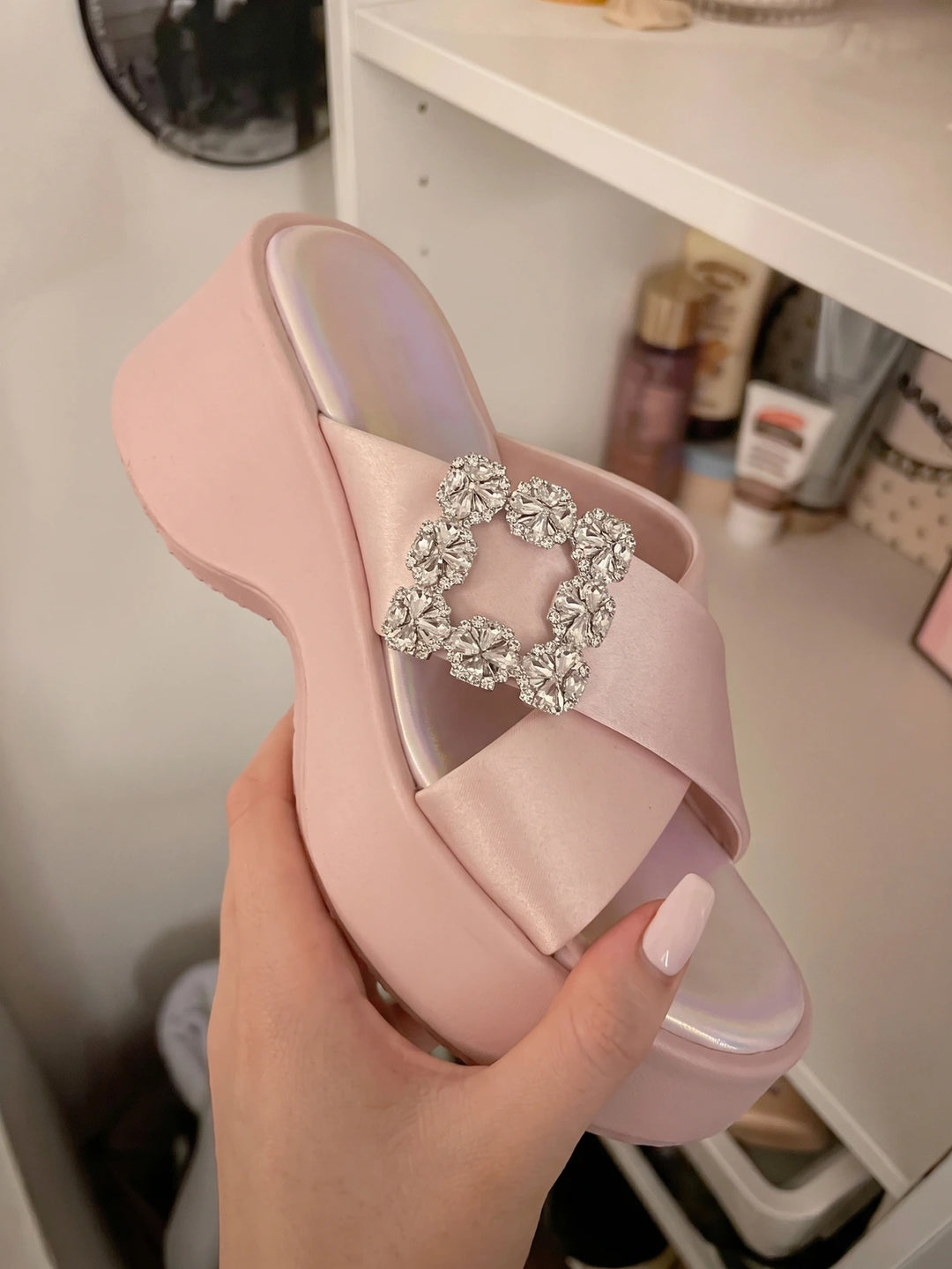 Sylviane Crystal Satin Wedge Slides