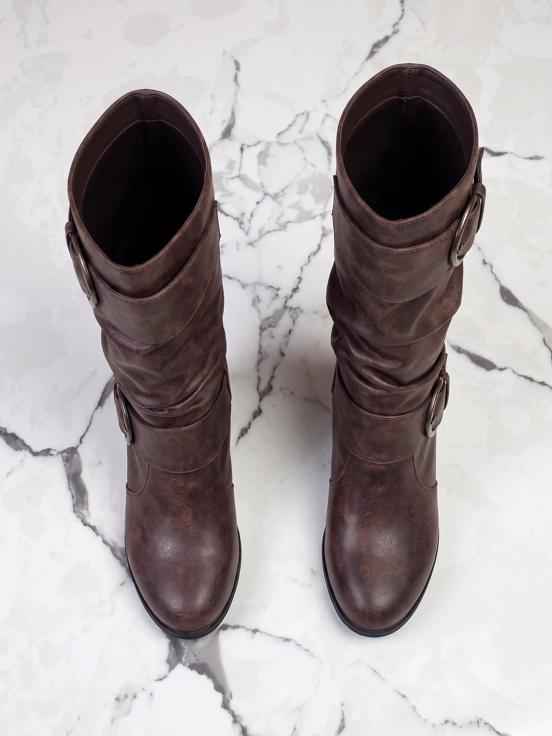Valentine Distressed Buckle Mid-Calf Boots