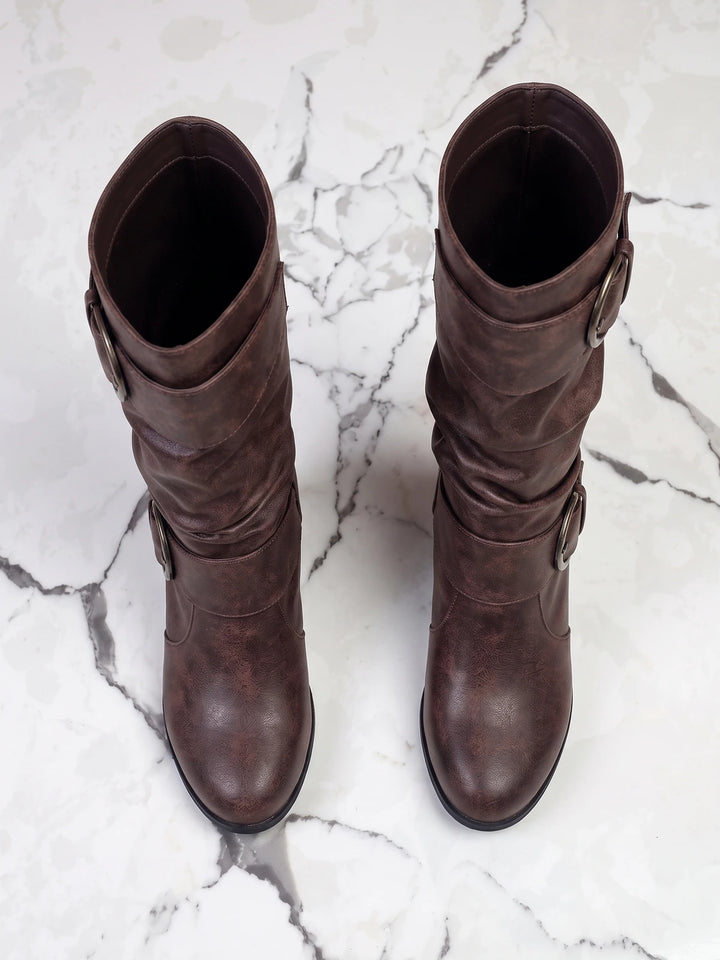 Valentine Distressed Buckle Mid-Calf Boots