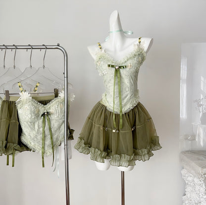 Green Lace Flower Top & Skirt Set
