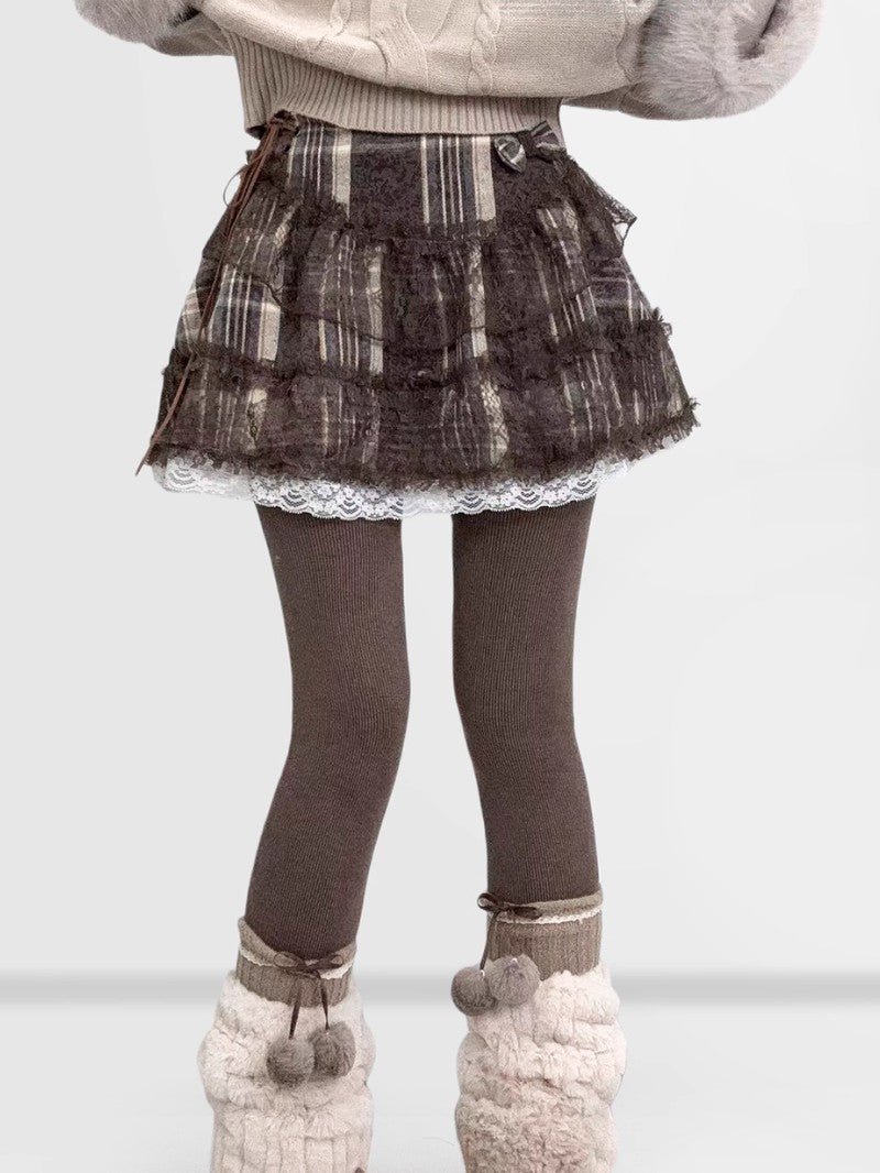 Brown Plaid Lace Mini Skirt