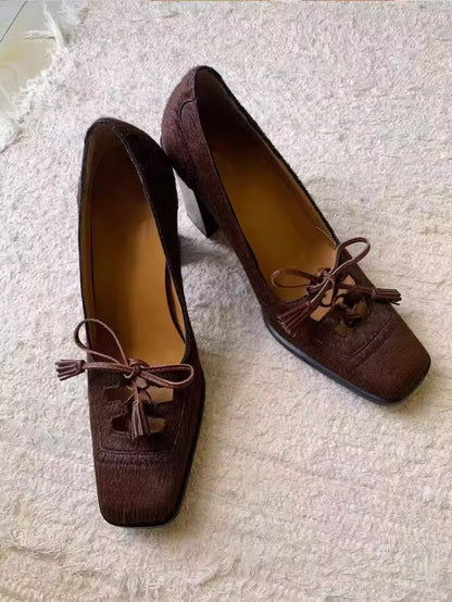 Retro Square-Toe Bow Strap Heels