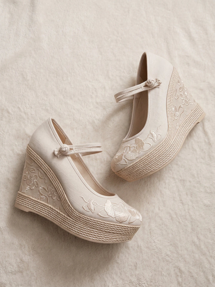 Amaryllis Embroidered Wedge Mary Janes