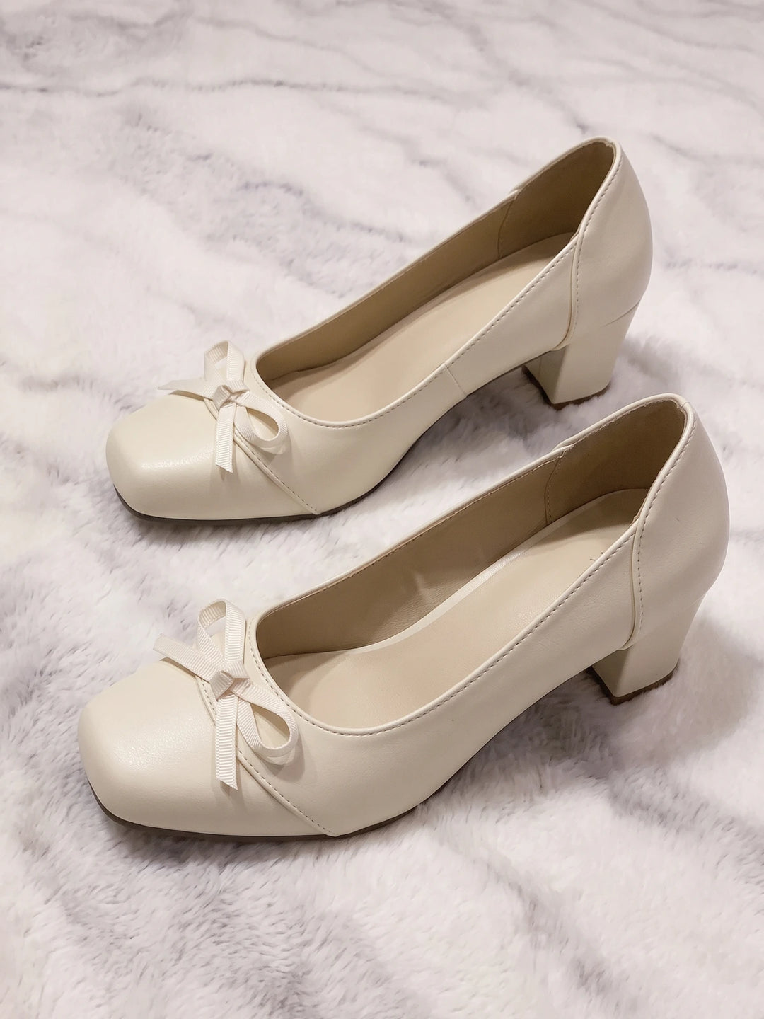 Solange Cream Bow Square Toe Heels