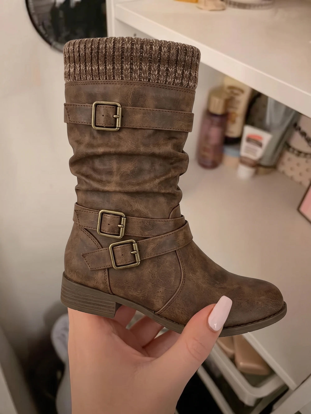 Soleil Distressed Buckle Mid-Calf Boots