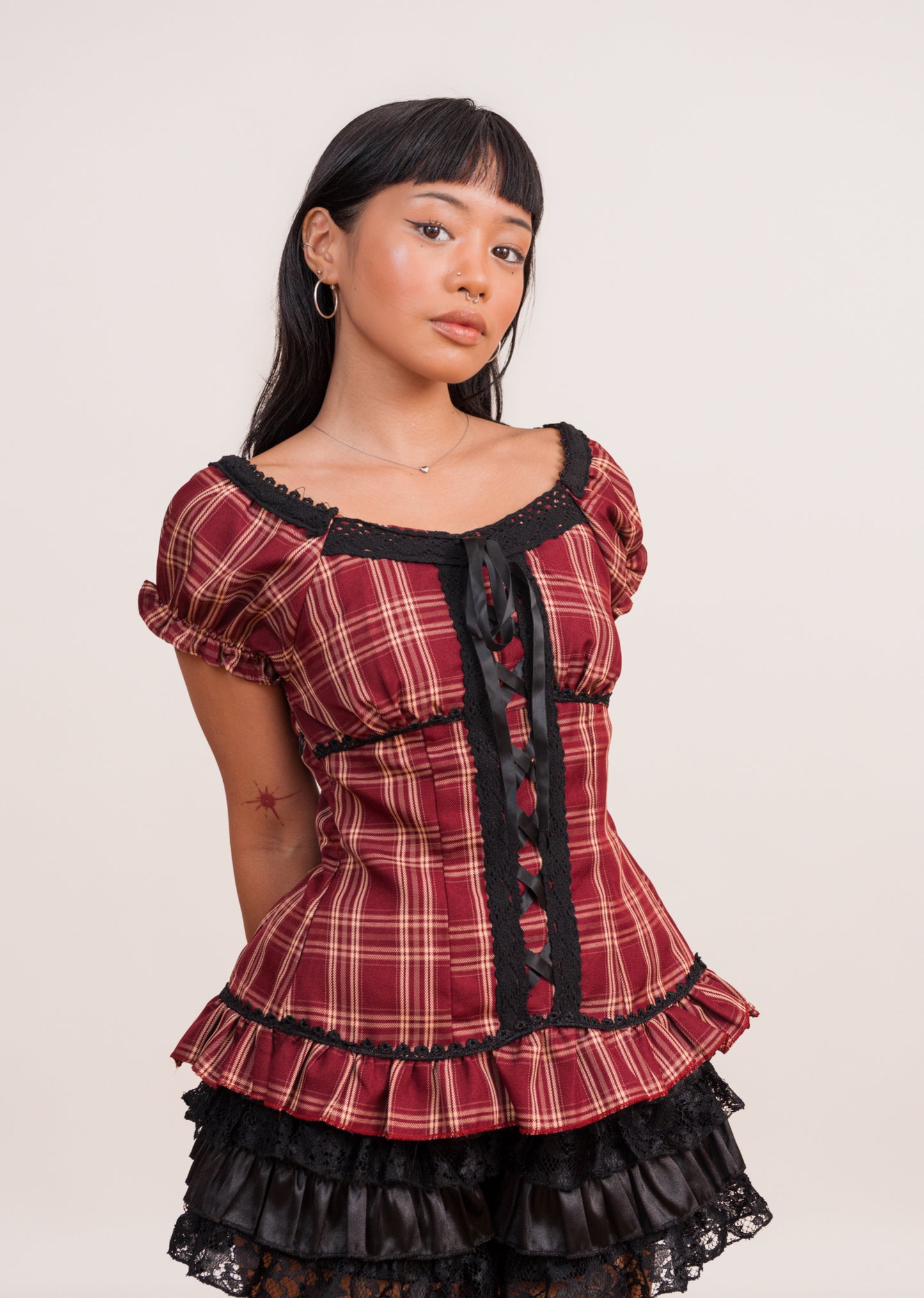 Crimson Tartan Lace Blouse