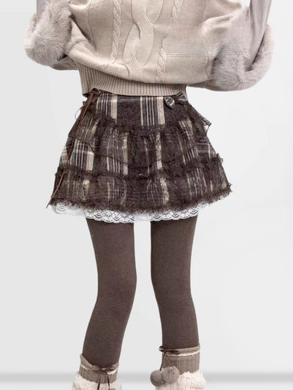 Plaid Patchwork Lace Woolen Mini Skirt