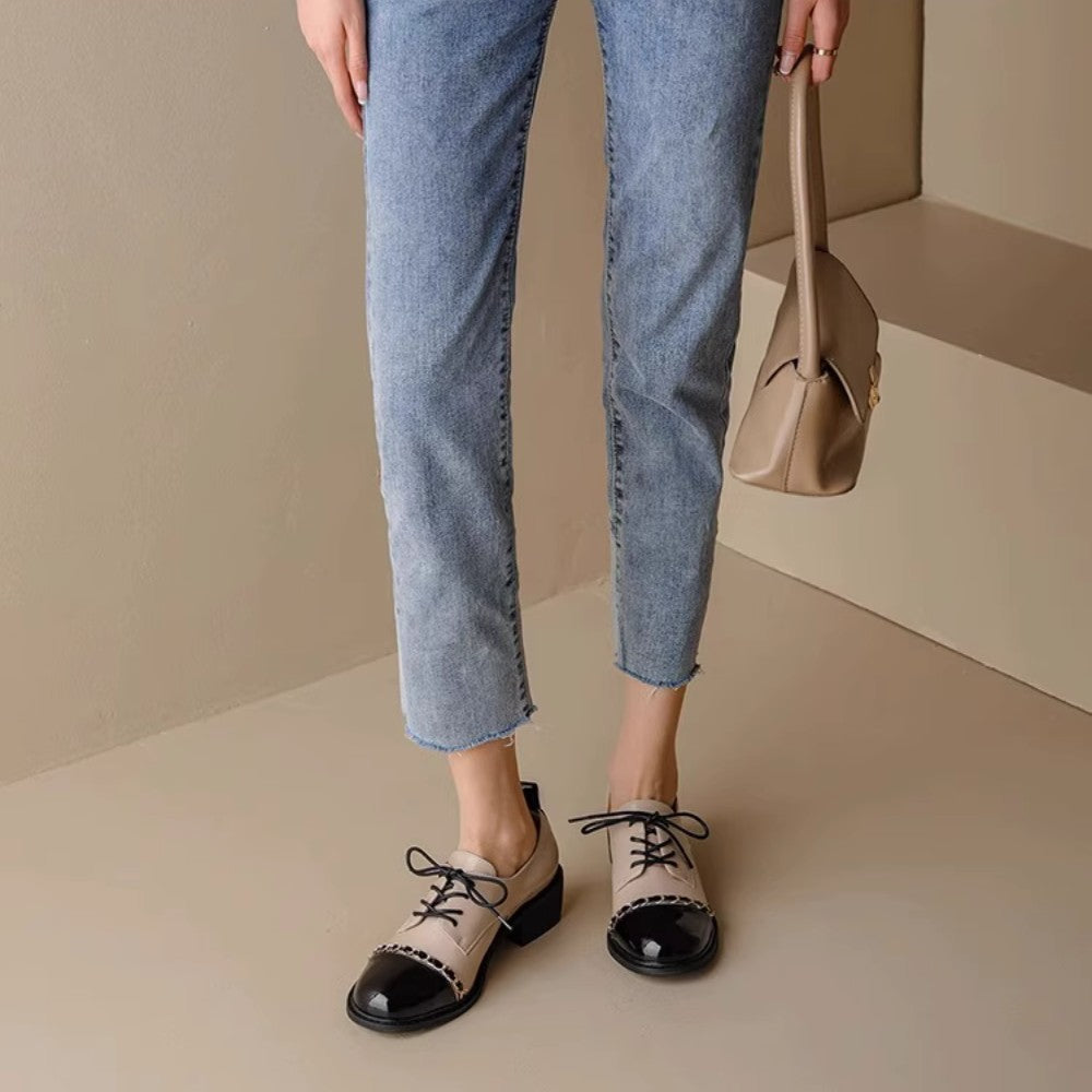 Color-Block Round Toe Leather Heels