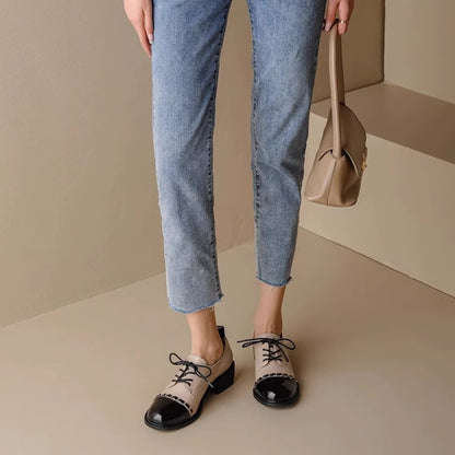 Color-Block Round Toe Leather Heels