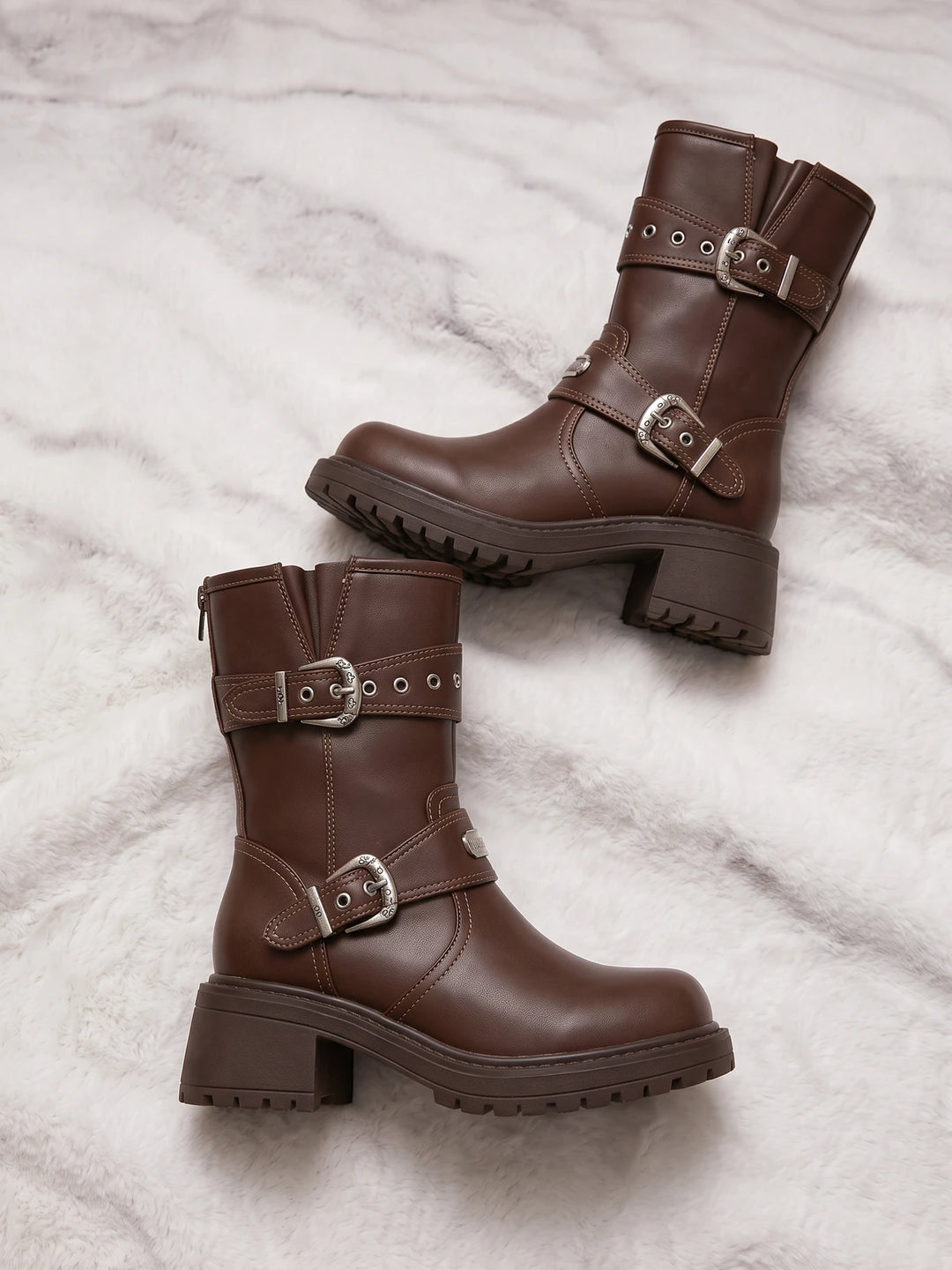 Soleil Buckle Mid-Calf Biker Boots