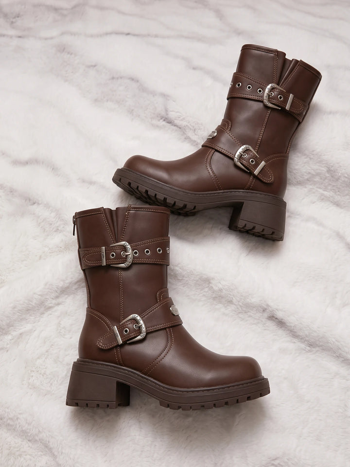 Soleil Buckle Mid-Calf Biker Boots