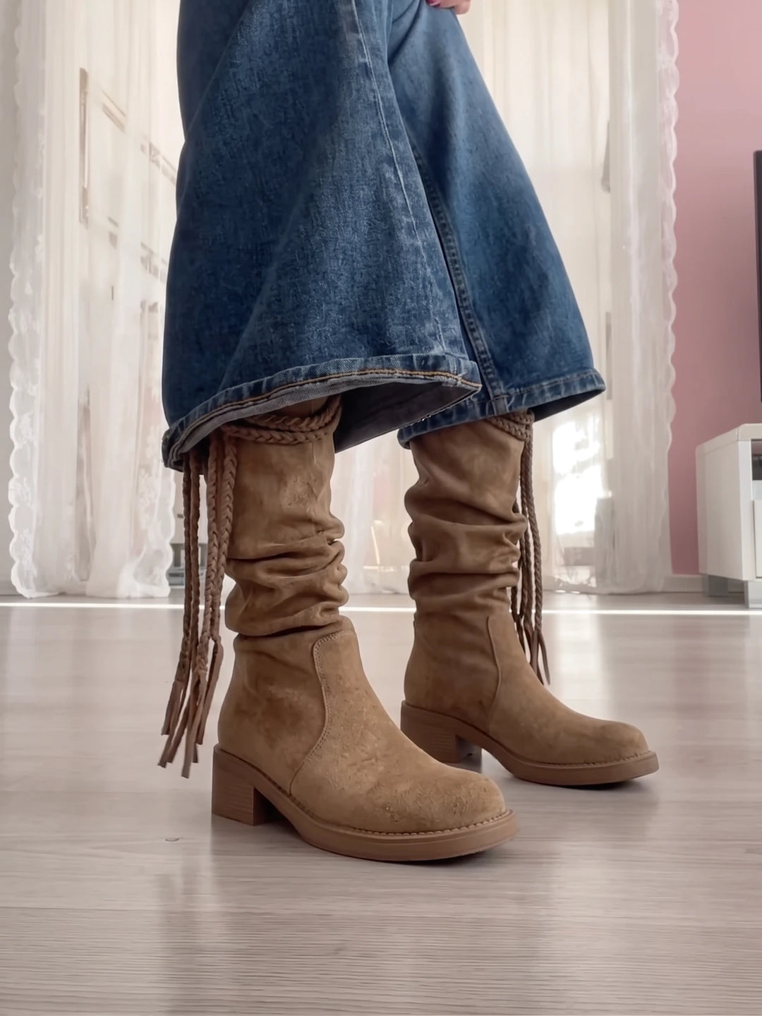 Beatrix Suede Braided Fringe Boots