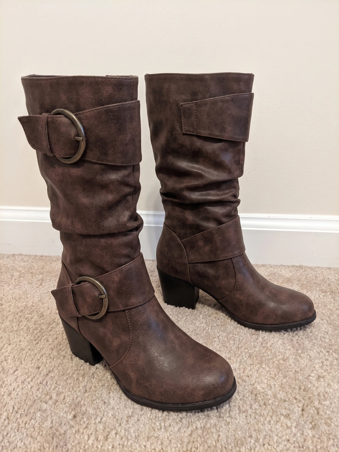 Valentine Distressed Buckle Mid-Calf Boots
