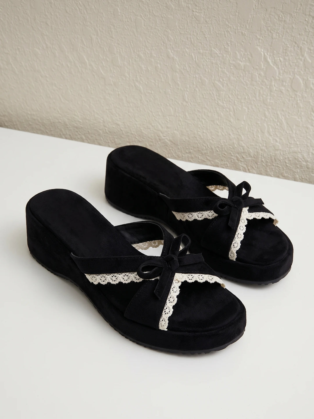 Lenore Lace Piped Velvet Wedge