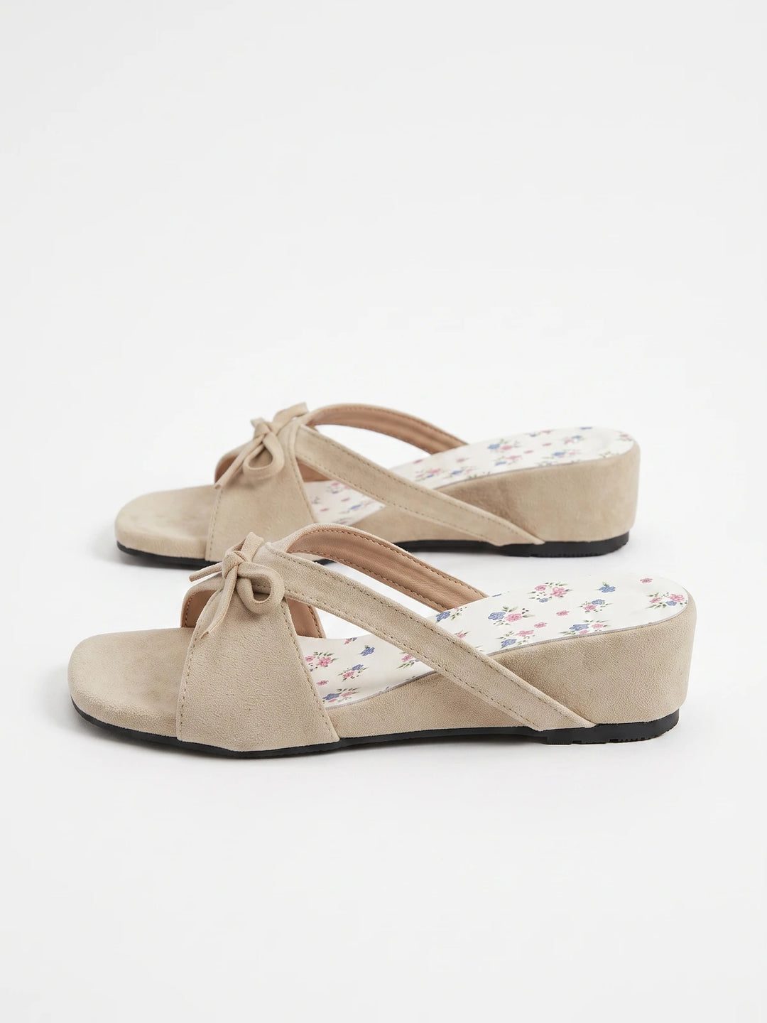 Josselyn Beige Suede Bow Wedge Slides