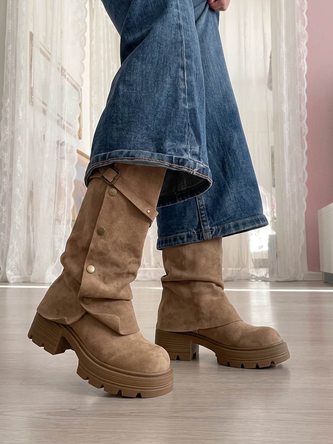Ottavia Suede Buckle Knee-High Boots