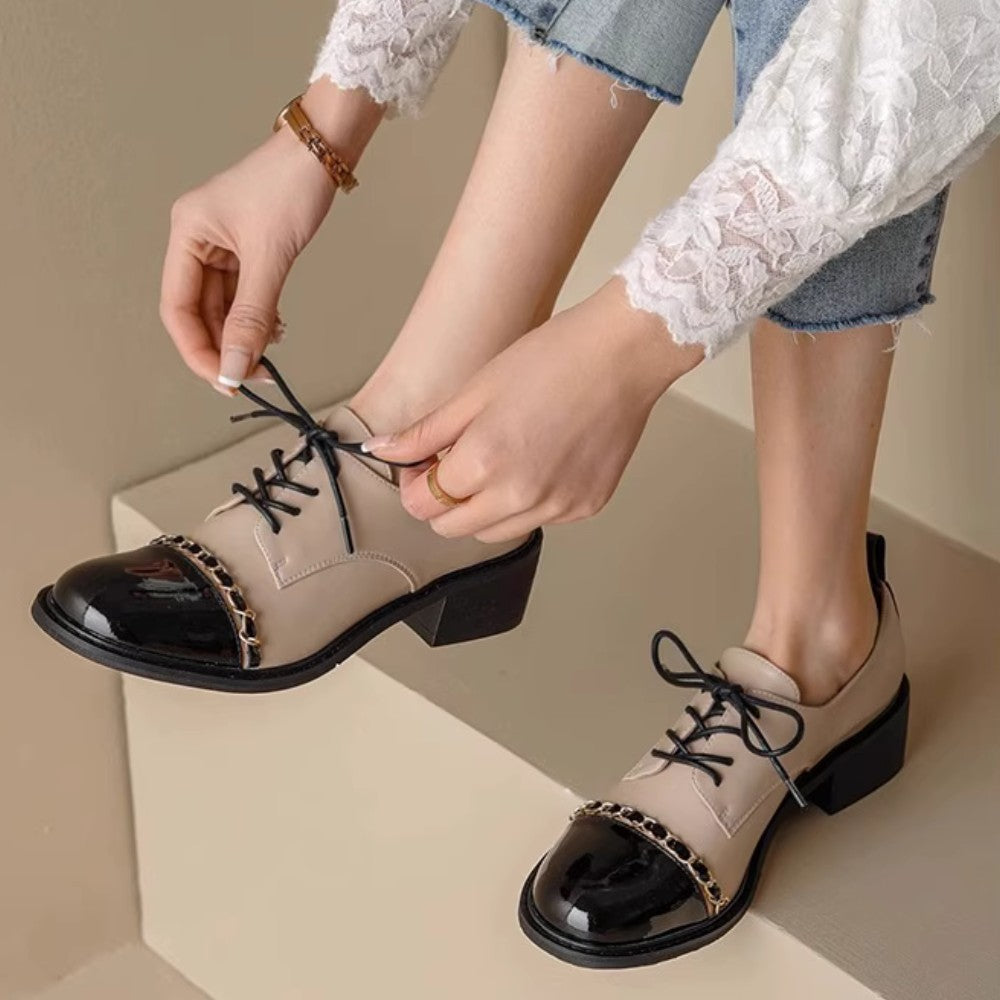 Color-Block Round Toe Leather Heels