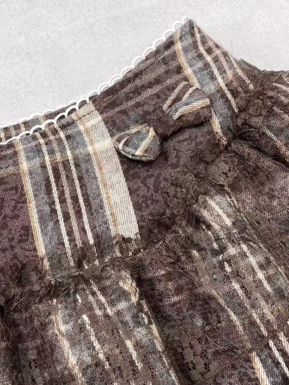 Brown Plaid Lace Mini Skirt