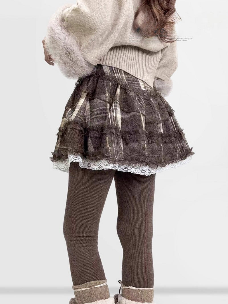 Plaid Patchwork Lace Woolen Mini Skirt