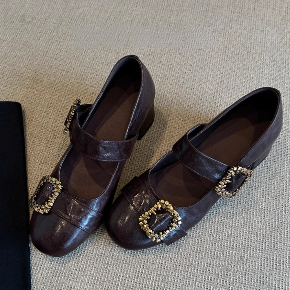 French Retro Lambskin Chunky Heels