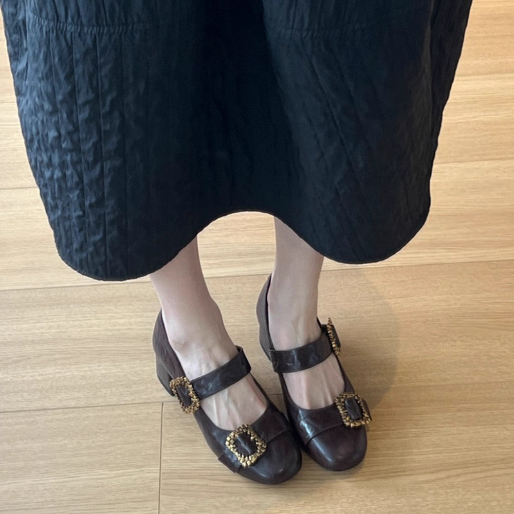 Retro Round-Toe Metal Buckle Heels