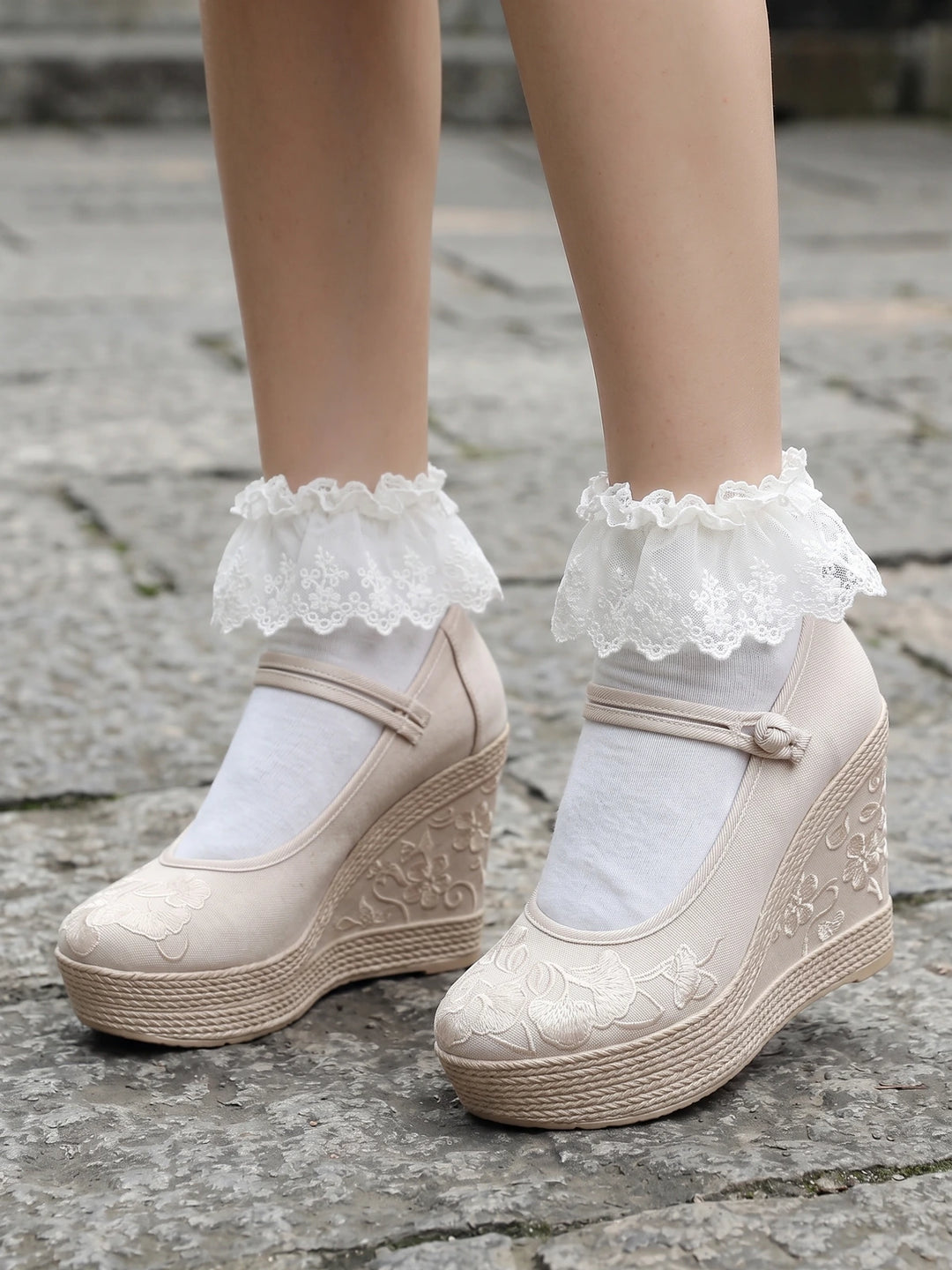 Amaryllis Embroidered Wedge Mary Janes