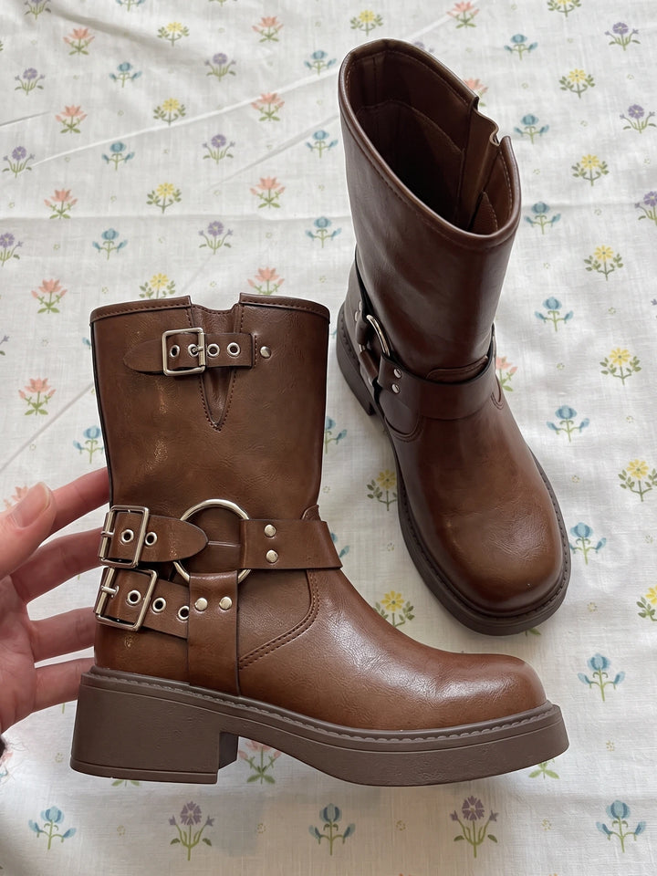 Violaine Brown Buckled Biker Boots