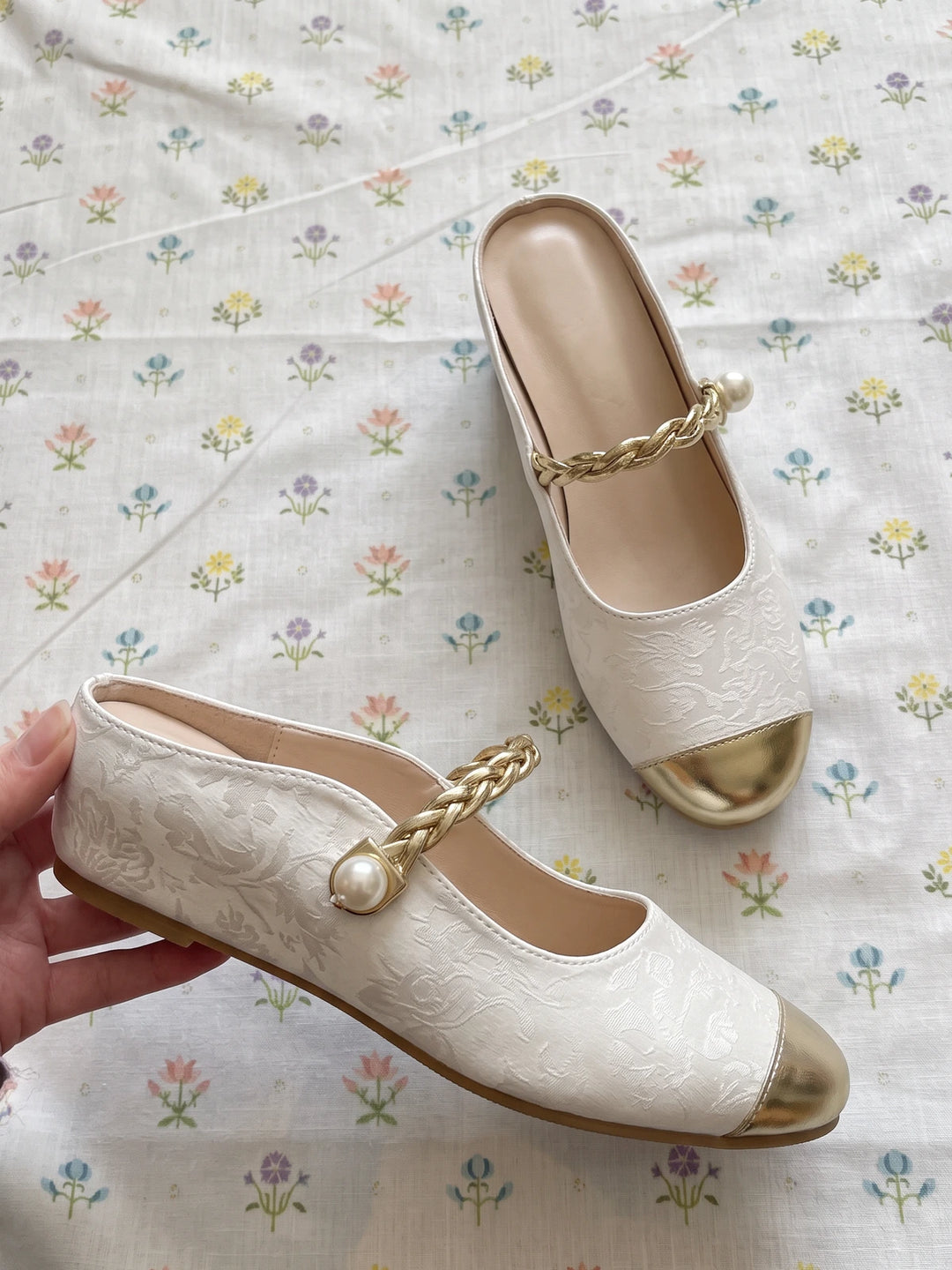 Pierrette Gold Toe Jacquard Mule Flats
