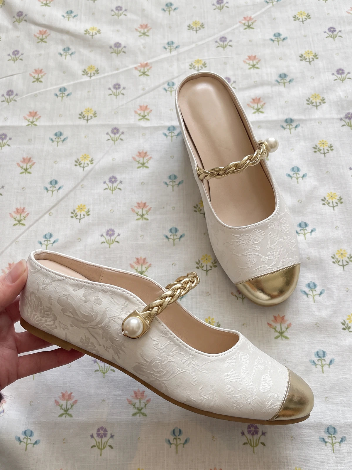 Pierrette Gold Toe Jacquard Mule Flats