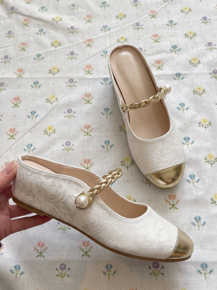 Pierrette Gold Toe Jacquard Mule Flats